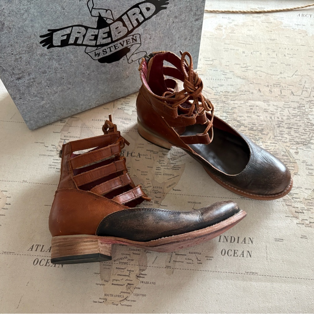 Freebird by Steven Malone Cognac Multi Leather Shoes Booties 9 - Picture 4 of 13